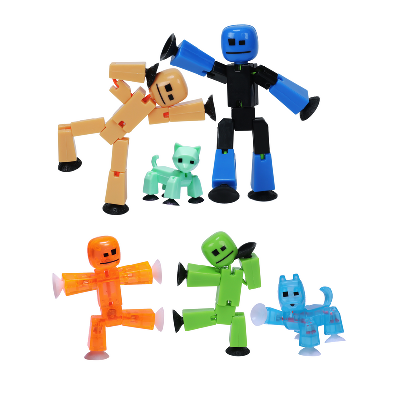 Stikbot Family Pack, Set of 6 Stikbot Collectable Action Figures, Includes 2 Stikbots, 2 Junior Stikbots, 1 Dog, and 1 Cat