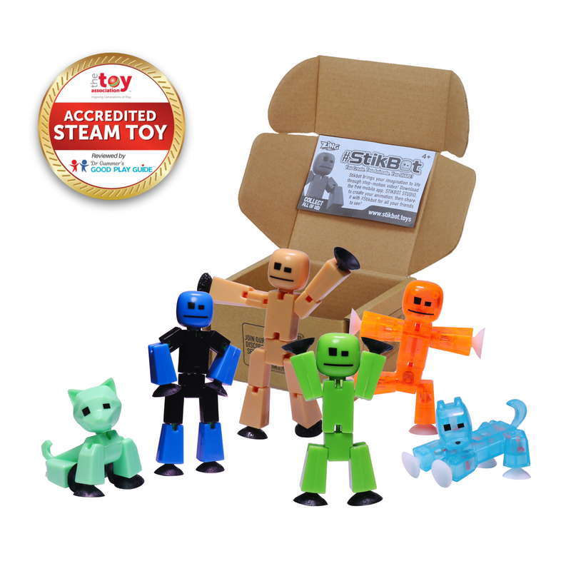 Stikbot Family Pack, Set of 6 Stikbot Collectable Action Figures, Includes 2 Stikbots, 2 Junior Stikbots, 1 Dog, and 1 Cat