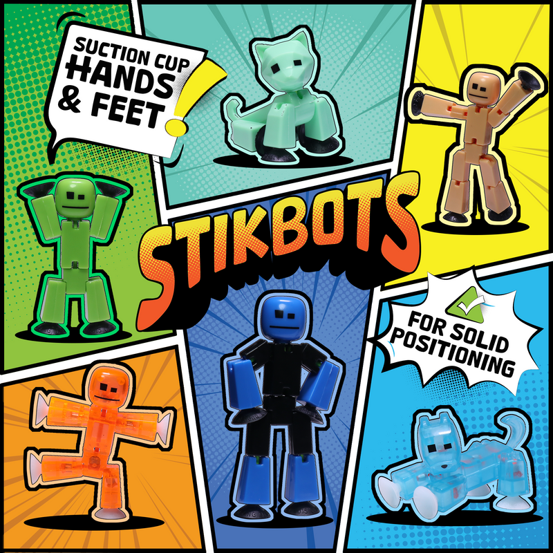 Stikbot Family Pack, Set of 6 Stikbot Collectable Action Figures, Includes 2 Stikbots, 2 Junior Stikbots, 1 Dog, and 1 Cat